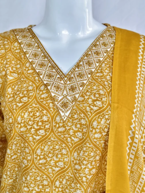 Cotton yellow and v neck embroidery work flower design 3 pcs kurti set - Image 3