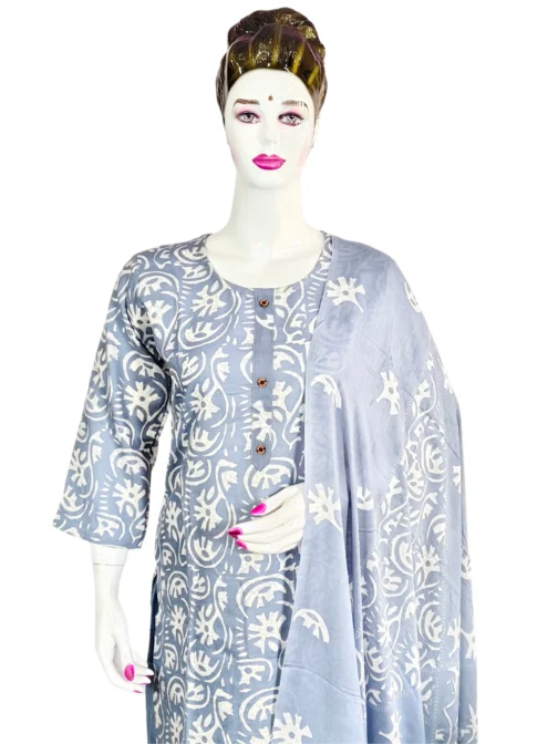 Cotton blue color and white batik print 3 pcs kurti set - Image 3
