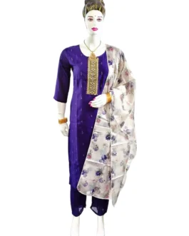 Dark purple and embroidery work with organza duppatta 3 pcs kurti set