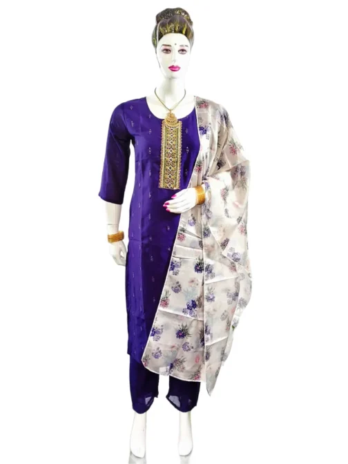 Dark purple and embroidery work with organza duppatta 3 pcs kurti set