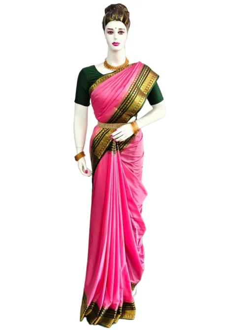 Semi mysore silk saree baby pink with bottle green border retro style - Image 5