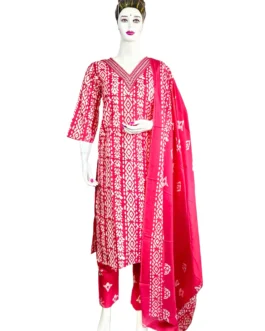 Pink and white v neck with work batik print 3 pcs kurti set