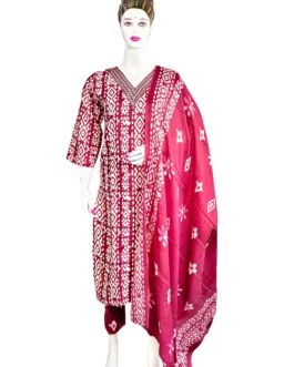 Maroon and white v neck with work batik print 3 pcs kurti set