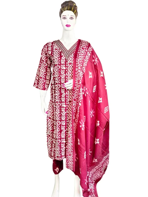 Maroon and white v neck with work batik print 3 pcs kurti set