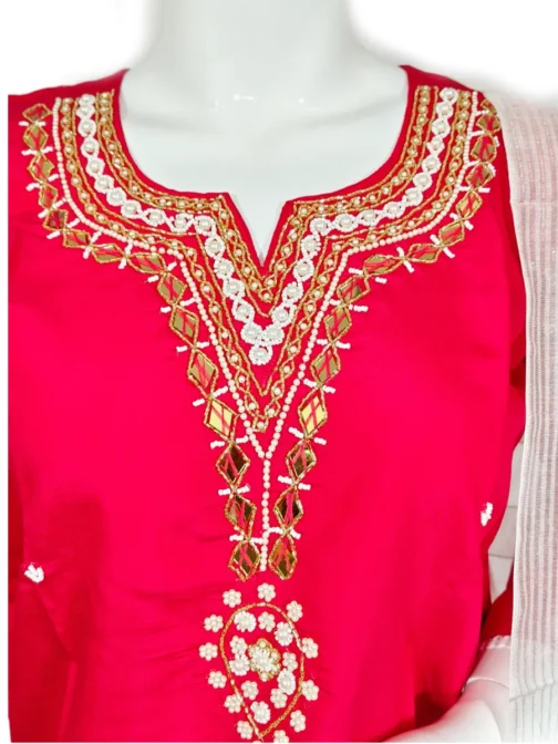 Light red handwork and white printed dupatta 3 pcs kurti set - Image 4