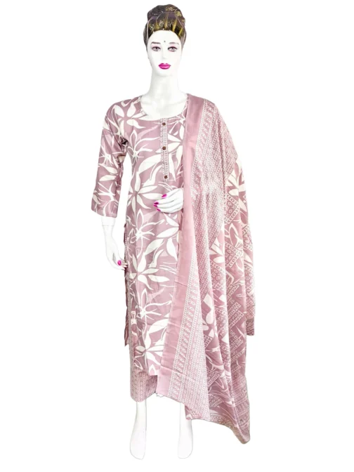 Cotton lavender and white batik print 3 pcs kurti set