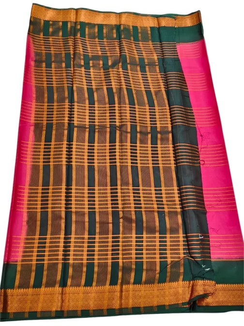Semi mysore silk saree pink color with bottle green border - Image 4